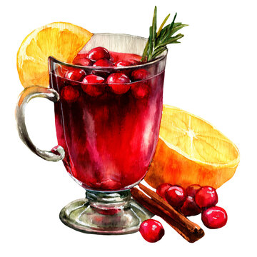 Watercolor illustration of a glass mug filled with red cranberry drink, garnished with rosemary, surrounded by orange slices and cinnamon sticks on a white background