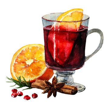 Watercolor illustration of a glass mug filled with mulled wine, garnished with orange slices, cinnamon stick, star anise, and red berries on a white background