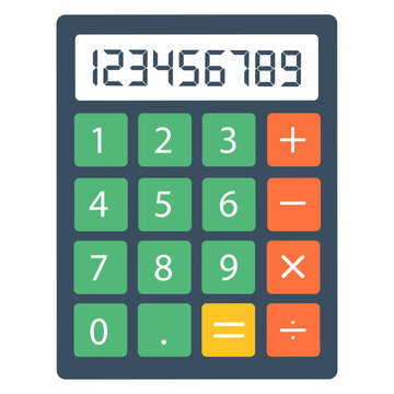 Calculator with green number buttons, orange operation keys, and a digital display showing numbers 1 through 9