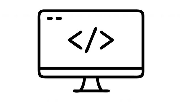 Animated computer monitor icon with a simple black outline on a clean white background