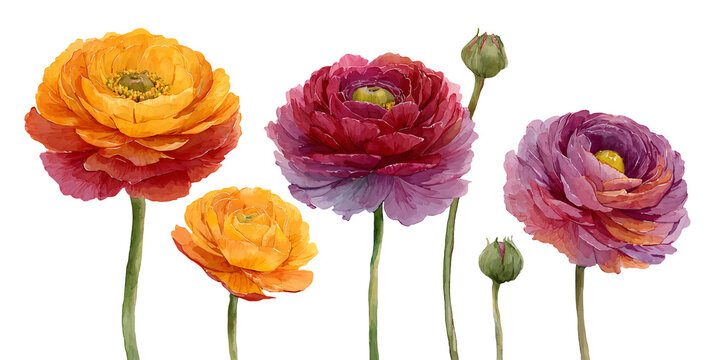 Watercolor illustration of colorful ranunculus flowers in various stages of bloom, featuring orange, pink, and purple petals with green stems and buds on a white background