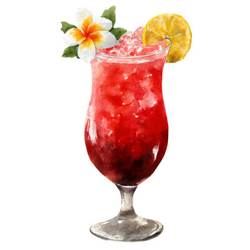 Watercolor illustration of a tropical cocktail with rum and guava juice garnished with a lemon slice and a flower, presented in a tall glass