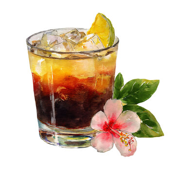 Watercolor illustration of a tropical cocktail with rum and guava juice, garnished with a lime slice and hibiscus flower, set against a white background