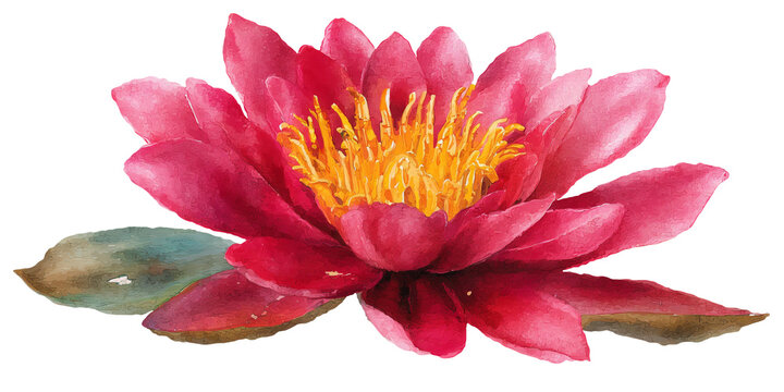 Watercolor illustration of a vibrant pink Victoria Amazonica water lily with green leaves, showcasing intricate details of petals and stamen against a white background