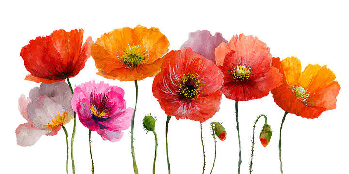 Watercolor illustration of vibrant flowers in various colors including red, orange, pink, and yellow with green stems and buds on a white background