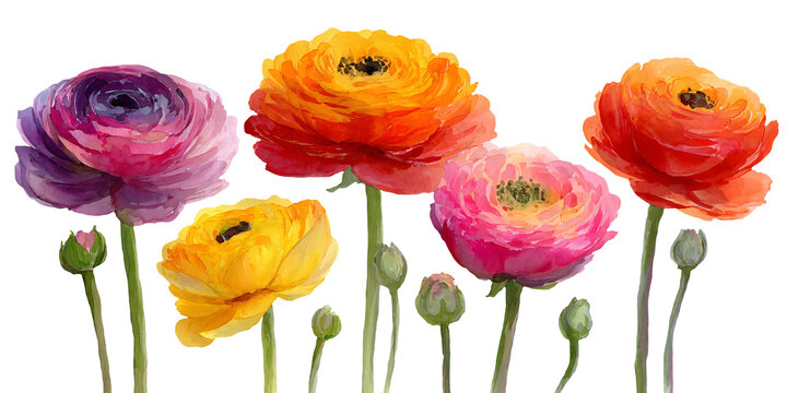 Watercolor illustration of colorful ranunculus flowers in various shades, featuring pink, orange, yellow, and purple blooms with green stems and buds on a white background