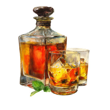 Watercolor illustration of a whiskey decanter with two glasses filled with whiskey and ice, accompanied by a green mint leaf on a white background