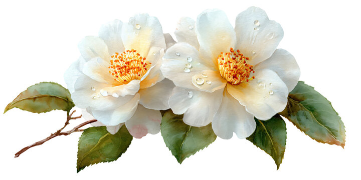 Watercolor illustration of two white camellia flowers with yellow centers and green leaves, isolated on a transparent background for design and decorative purposes