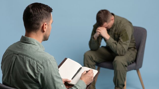 Man sitting in chair talking to therapist taking notes