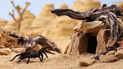 Obraz premium Black spider arthropod walking in sandy desert habitat