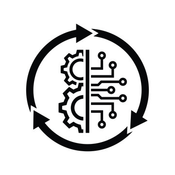 Half gear and half circuit board within a circular arrow loop for automation concept.