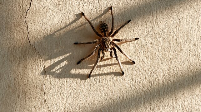Large tarantula spider resting on textured beige wall with visible cracks illuminated by directional sunlight casting detailed shadows on outdoor surface