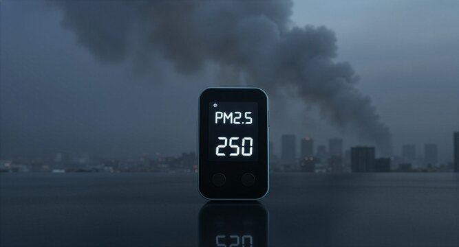 A digital air quality detector showing a high PM2.5 level of 250, set against a dark city skyline covered in heavy thick smoke. Concept of environmental pollution, smog crisis, and health risk.