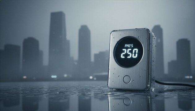A digital air quality index monitor with water droplets on a wet surface, displaying a high PM2.5 level of 250 against a hazy city skyline. Concept of urban air pollution and smog environment.