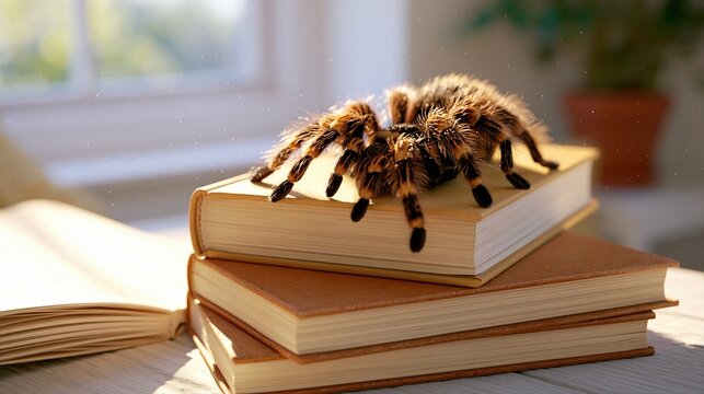 Tarantula spider crawling over stack of books