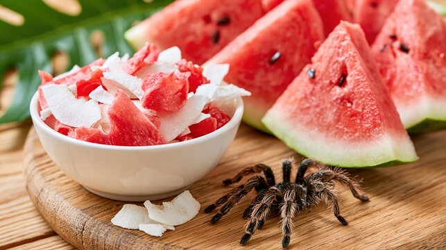 Red sliced melon watermelon wedges fresh cut wedges in a white ceramic bowl containing diced cubes fruit slices cut into pieces