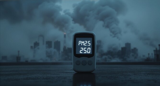 A digital air quality detector showing a high PM2.5 level of 250, with a smoky industrial factory skyline in the background. Concept of environmental pollution, carbon crisis, and smog hazard.
