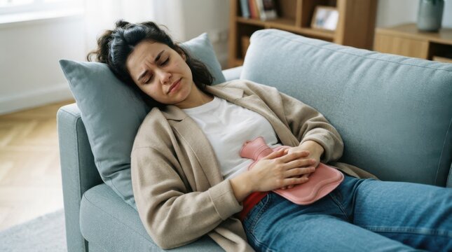 Young woman suffering from abdominal pain lying on the sofa at home
