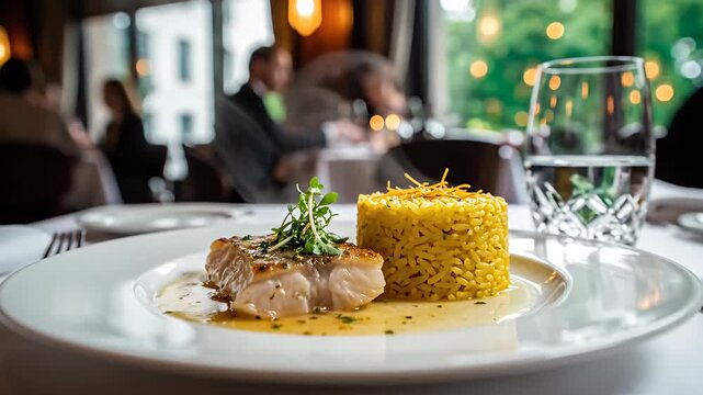 Gourmet seafood dish with risotto in upscale restaurant.