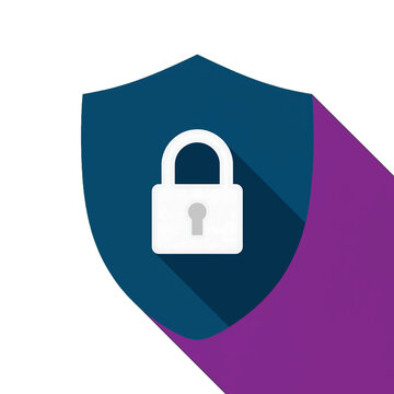 Cyber security shield protecting data with a strong white padlock emblem set against a deep blue gradient background and angled purple shadow.