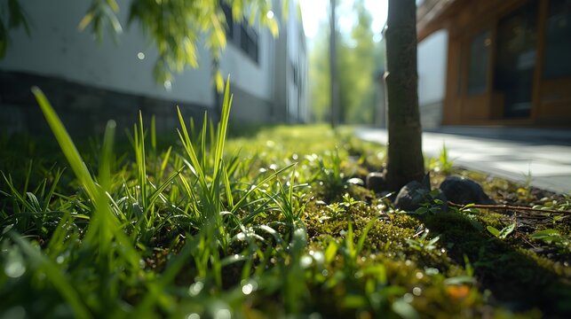 Fresh Dewy Grass Blades Macro View with Sun Flare for Environmental Concept