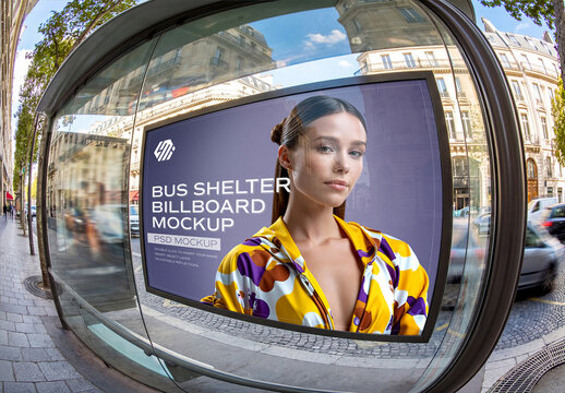 Horizontal Billboard Bus Shelter In Modern City Mockup