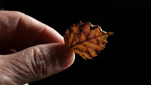 Hand holding withered brown leaf on dark backdrop.