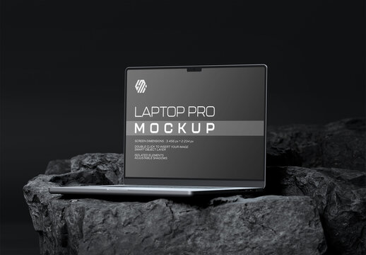 Laptop Computer on Black Stone Rocks with Screen Display Mockup 