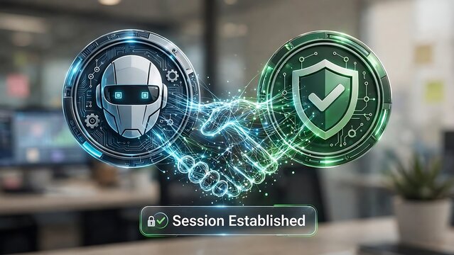 Secure digital handshake between an AI agent and a security system signifies successful multi-agent collaboration.