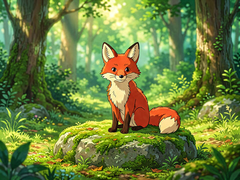 Cute Fox Sitting on Mossy Rock in Forest