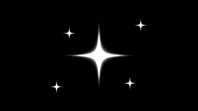White glowing twinkle star animation with cartoon doodle sparkles,  glowing light effect, retro shine movement,retro sparkle particle movement on black screen background. 4k video