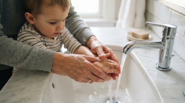 Parent helping young child wash hands with soap at bathroom sink