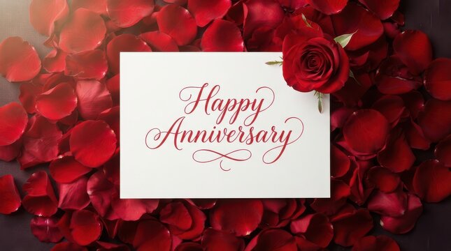 Happy anniversary greeting card with red rose and petals