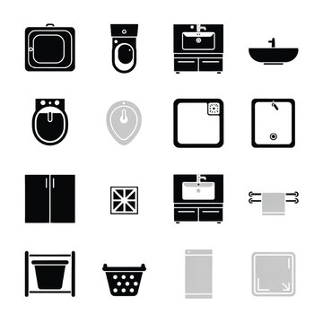Top View Bathroom Fittings and Sanitary Ware Two Color Flat Vector Icon Set