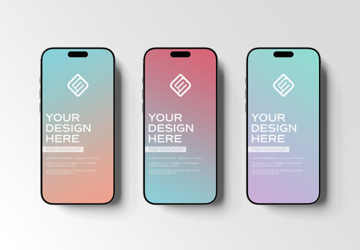 Three Glossy Smartphones Isolated with Editable Background and Shadow Mockup
