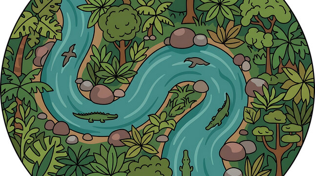 Cartoon jungle river scene with crocodiles and an anteater