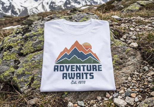 Folded White T-Shirt Mockup on Mountain Rock in Alpine Outdoor Landscape