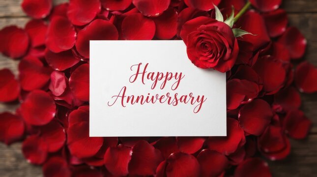 Happy anniversary greeting card with red rose and rose petals
