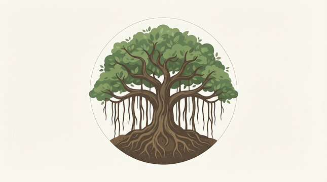 Illustration of a majestic banyan tree with hanging aerial roots and a wide canopy inside a circle
