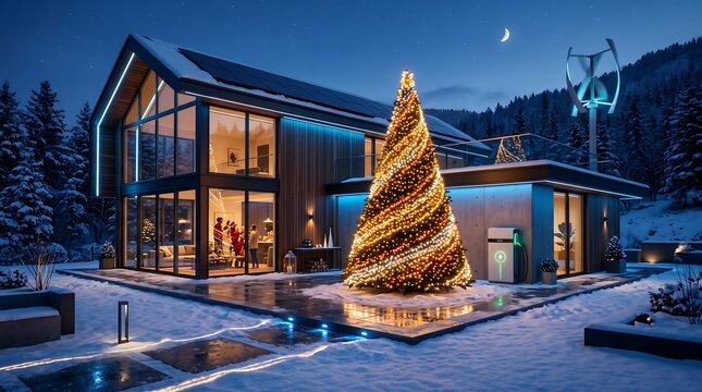 Modern house with solar panels and wind turbine at night, illuminated by a glowing spiral christmas tree in the snowy yard during winter season