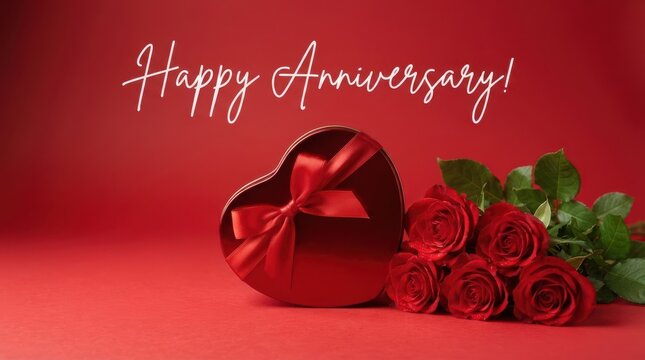 Heart shaped gift box and red roses for anniversary celebration