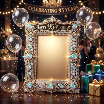 Elegant ornate gold frame for a happy birthday 95th anniversary celebration with balloons and festive party decorations