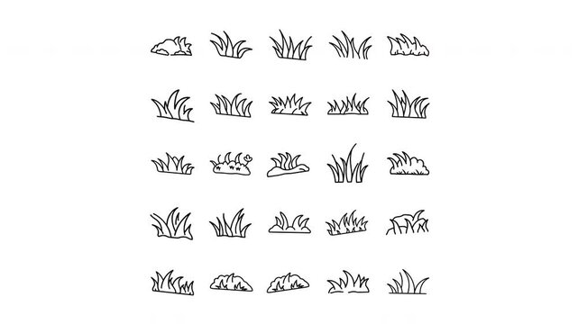 Collection of hand drawn grass patches in a simple black and white line art style