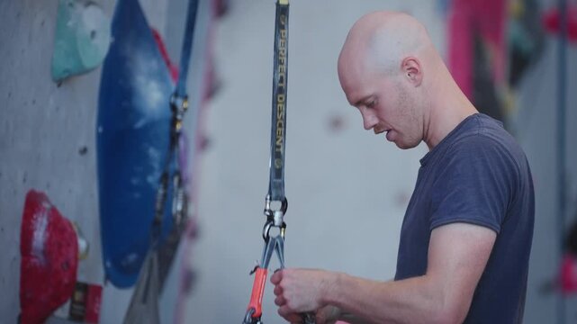 Climber Preparing Auto Belay System Before Indoor Climbing