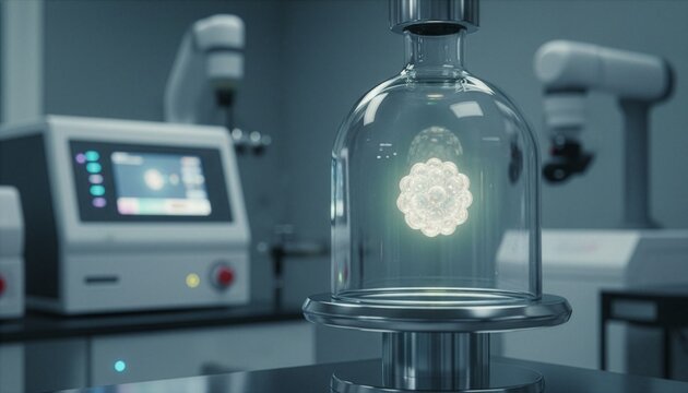 A glowing multicellular embryo model isolated inside a glass bell jar container on a laboratory desk. Concept of advanced biotechnology, embryology research, cloning, and genetic innovation.