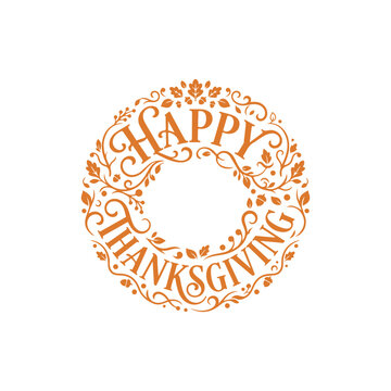 Elegant happy thanksgiving greeting card design with a circular floral wreath and decorative vintage typography on white