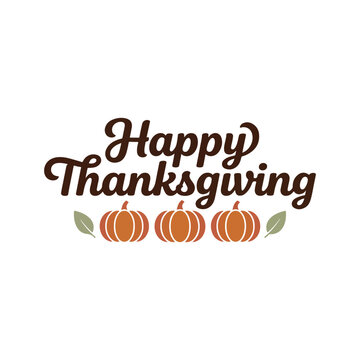 Happy thanksgiving greeting card design with brown cursive typography and orange pumpkins on a white background