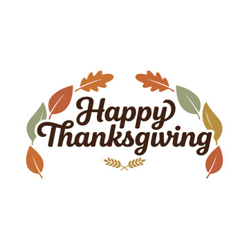 Happy thanksgiving greeting card design with colorful autumn leaves arranged in a decorative arch on white background