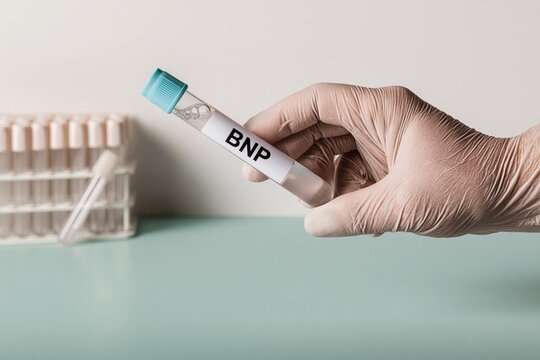 Gloved hand holding a blood sample tube labelled BNP, featuring polished glass and a soft blue surface for cardiology diagnostics and clinical use