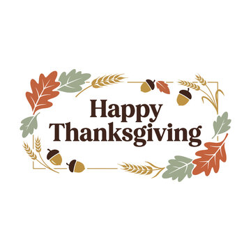 Happy thanksgiving greeting card design with colorful autumn leaves and acorns on a white background